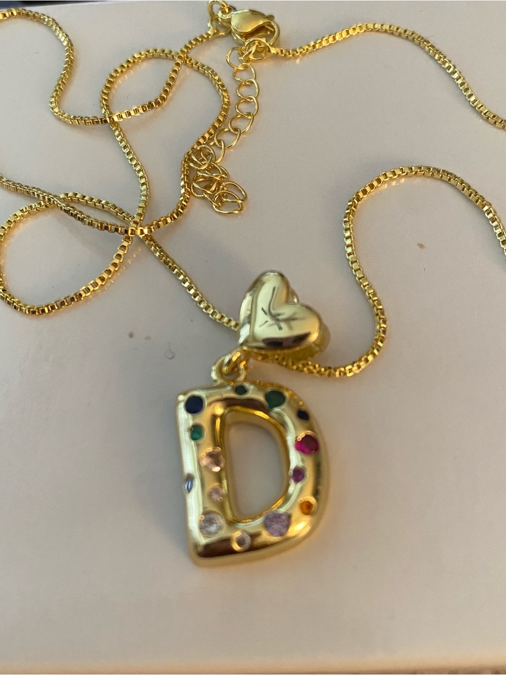 Gold Initial D Pendant Necklace with Multicolor Stones